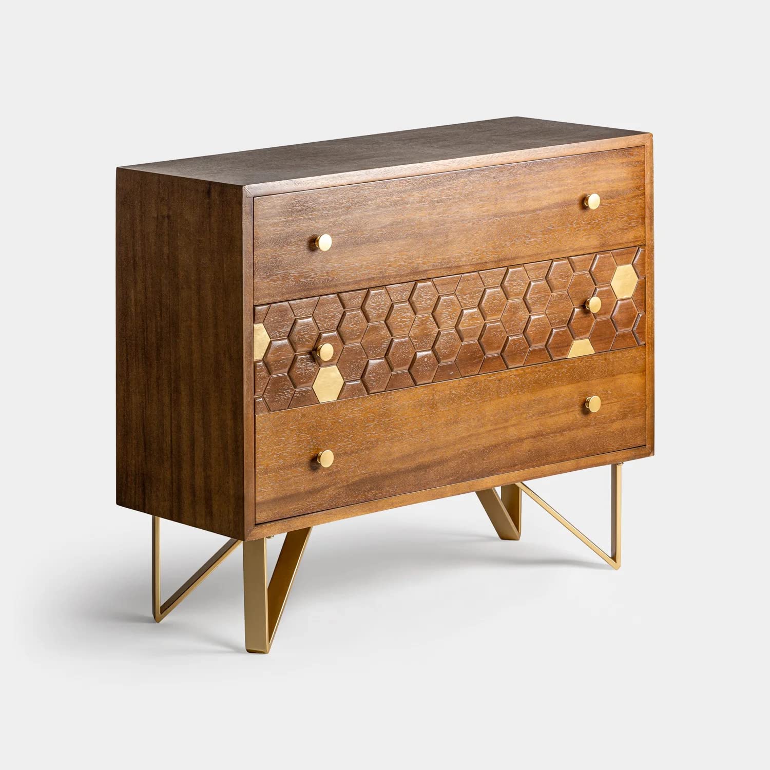 DEMIWALL Solid Sheesham Wood Chest of Drawers for Bedroom | Console Cabinet for Living Room | File Cabinet for Home & Office | Dresser for Clothes with 3 Drawers Storage| Iron Legs, Natural & Gold-image-39