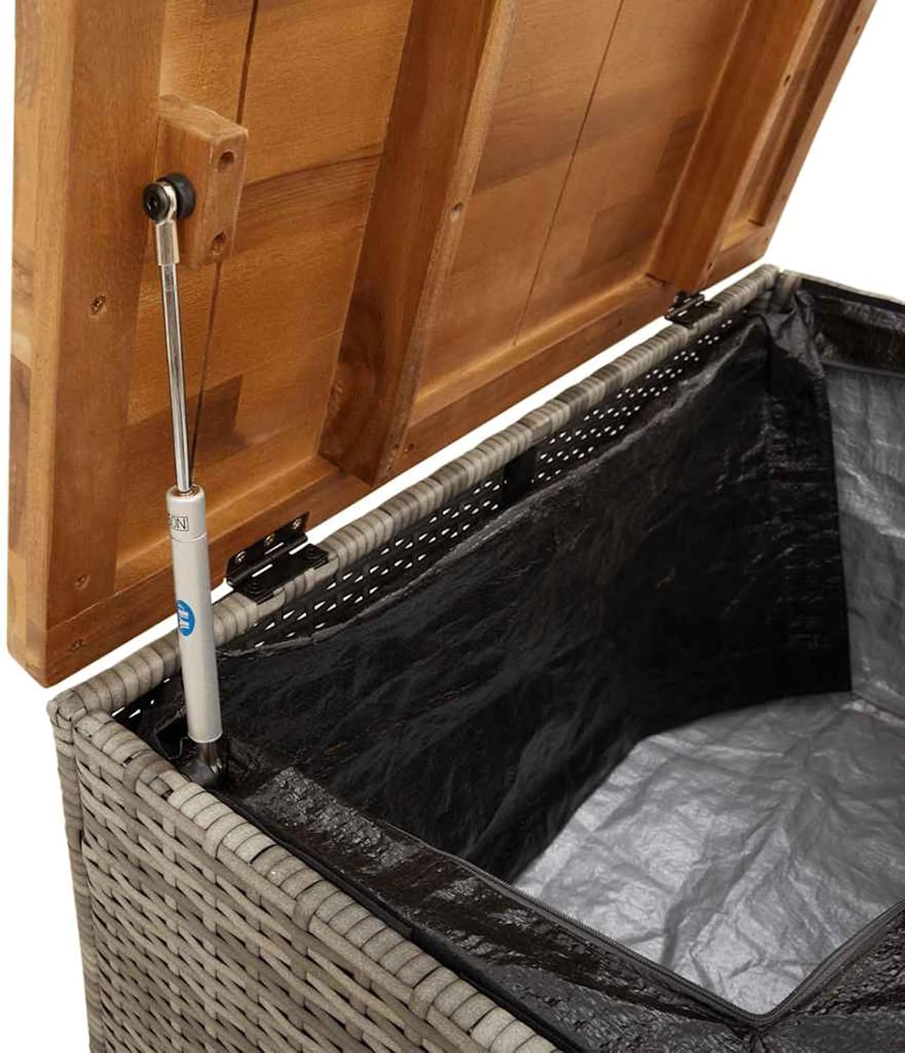 Gecheer Garden Storage Box with Acacia Wood Top, Grey Poly Rattan Outdoor Bench, 80x40x48 cm, Water-Resistant Interior Bag, UV-Resistant, Easy-Gas-Lift Lid