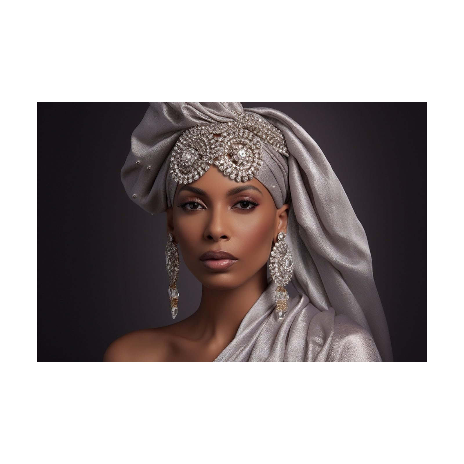 TERUEA Abstract Girl Painting Prints Woman Canvas Pictures Woman In Silver Headwrap With Jewelry Portrait Retro Painting Bathroom Wall Decor,(Silver)-80x120cm Unframed