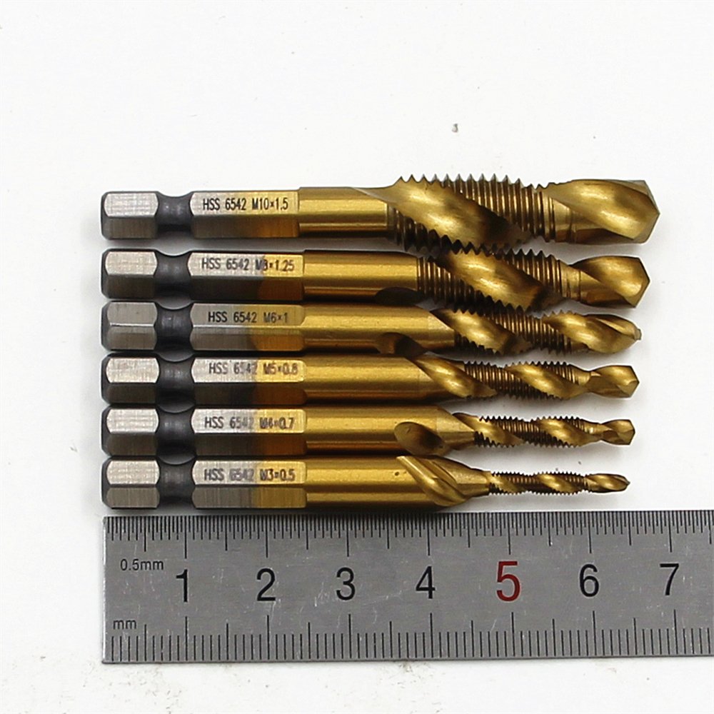ELEOPTION Drill Tap Combination Bit Set, 6 Piece Drill Tap Spiral Point Thread Deburr Countersink Hex Bit HSS 1/4 Shank (HSS -6542)
