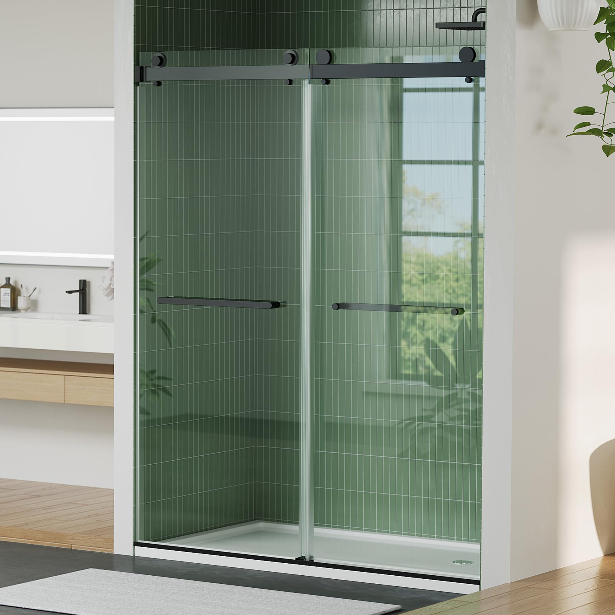 56"-60" W x 74" H Double Sliding Shower Door, Frameless Bypass Bathroom Door with 1/4"(6mm) Tempered Glass,Matte Black Finish for Walk-in Shower