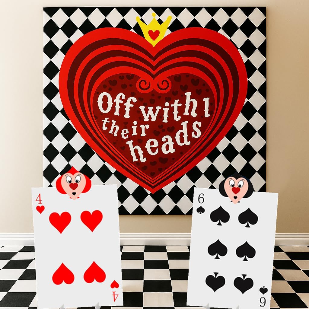 4Pcs Queen's Soldiers Decorations,Alice Decor Wonderland Party Decoration, 1Pc Backdrop,1Pcs Black White Table cloth and 2Pcs Big Stand Cards Hearts Costume Decor (Red)