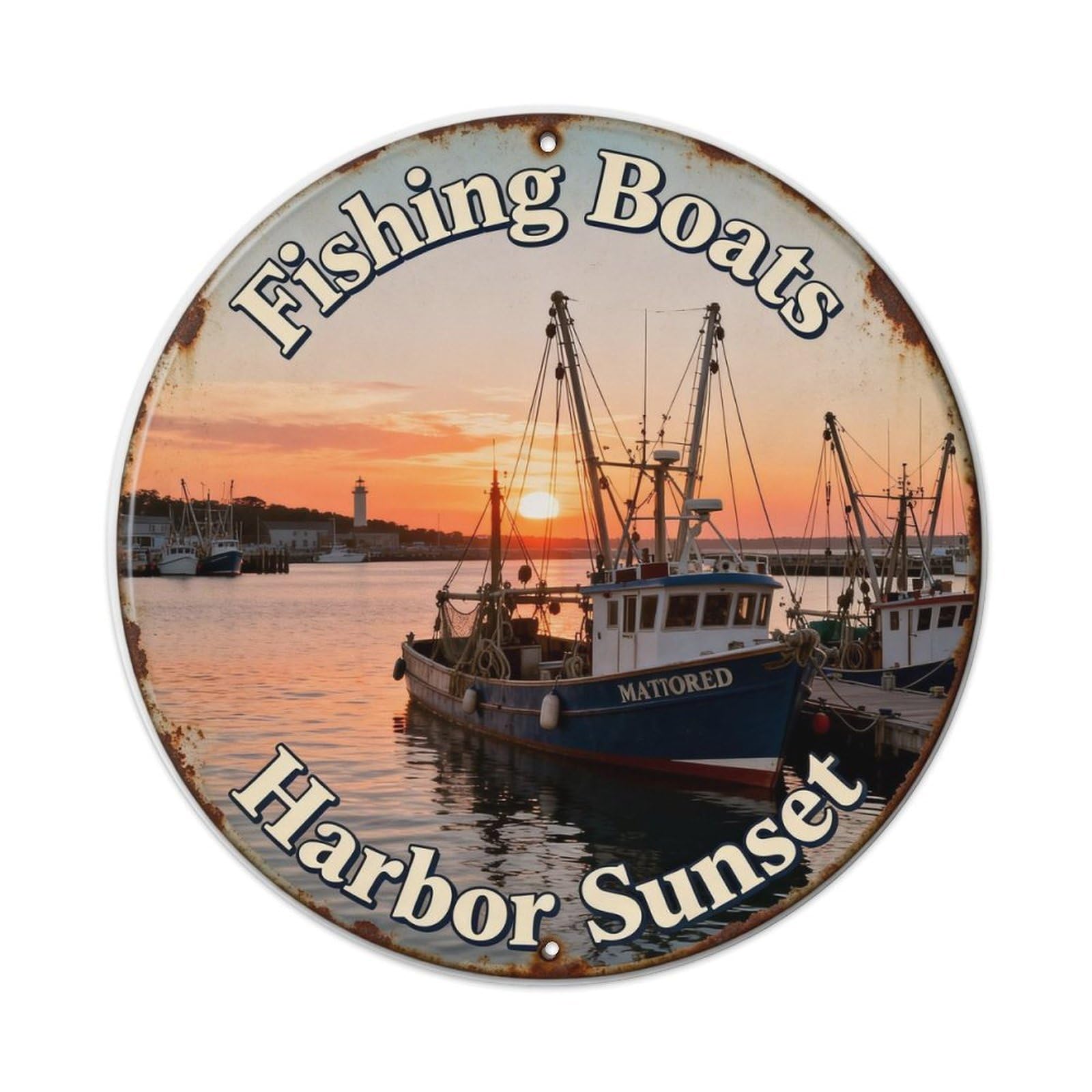 Fishing Boats Moored Harbor Sunset Metal Tin Sign Plaque