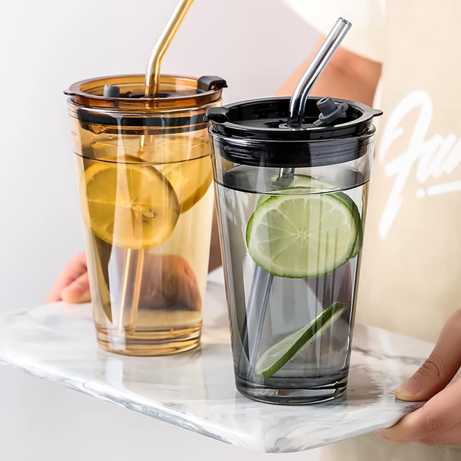 NOMAZO Glass Tumbler with Lid and Straw Pack of 1, 450ml Multipurpose Drinking Glasses Travel Coffee Sipper with Leather Sleeve Grip Mug for Iced Tea, Smoothies, Cocktail 2