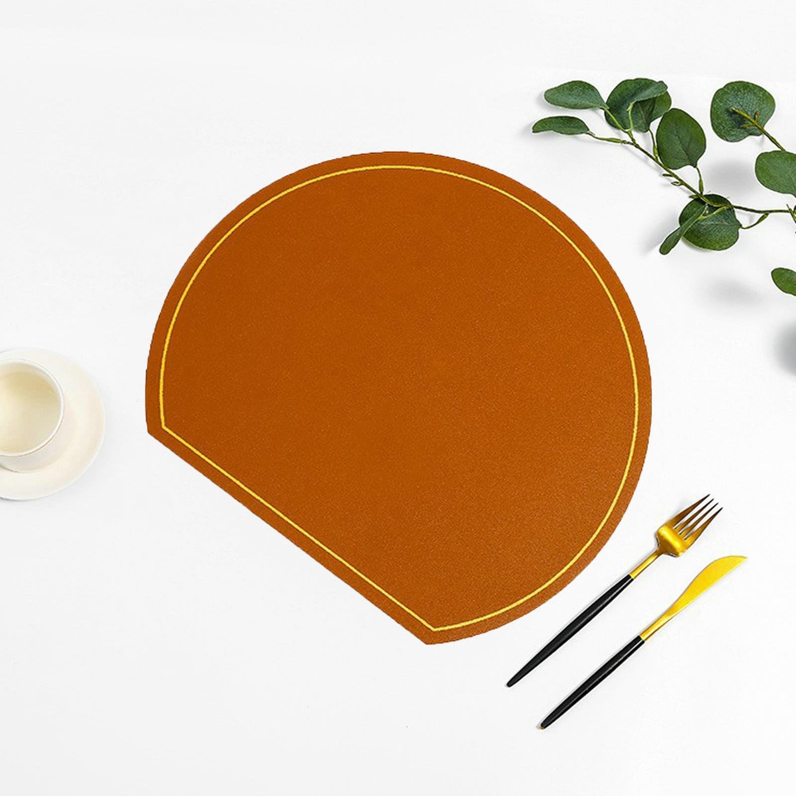 KnSam Tischset Abwaschbar Junge Halbkreis, 6er Set PVC Platzset Natur Halbkreis Anti-Rutsch, Tischmatte Modern Braun für Hause Küche und Hotel, 38x33CM