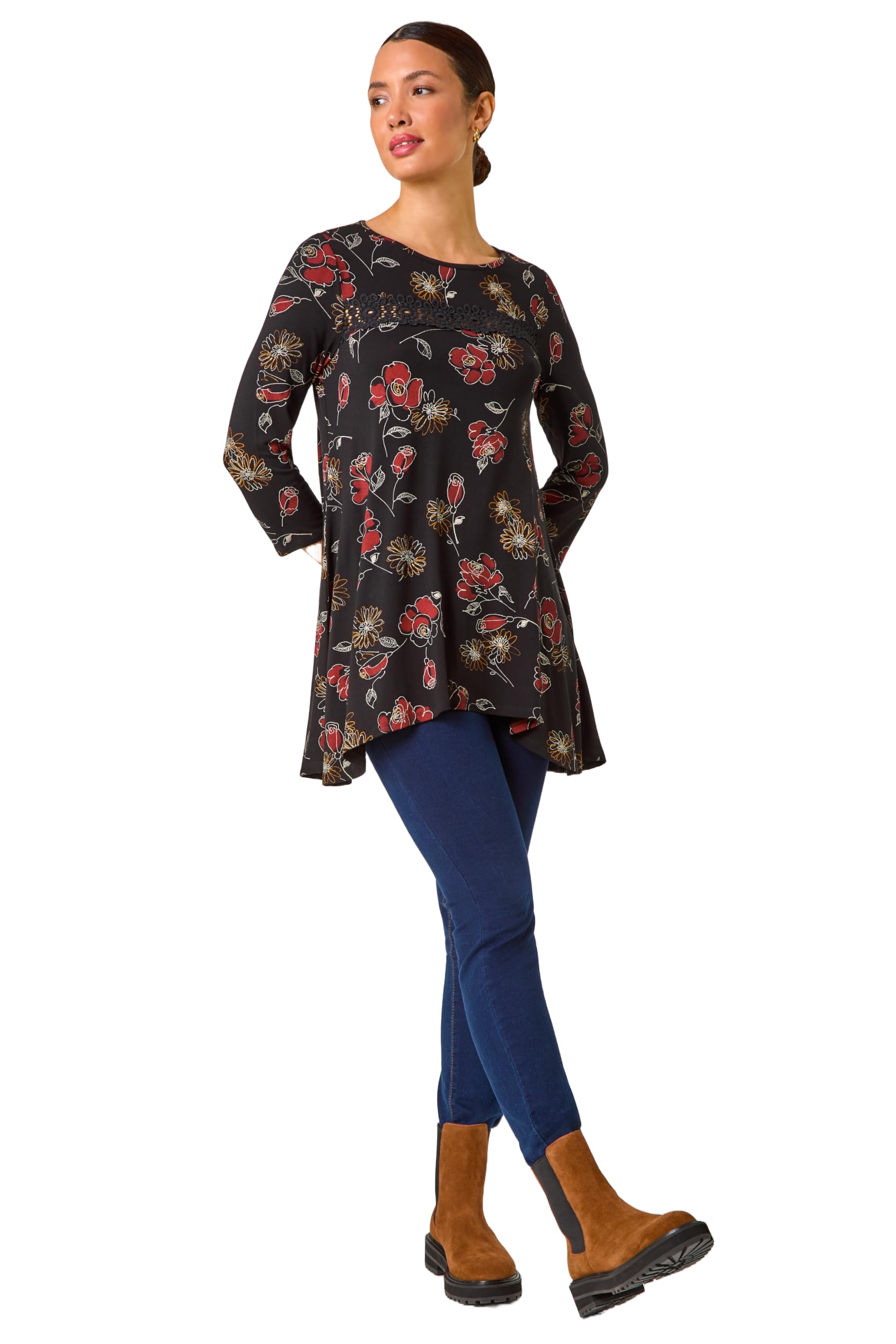 Roman Originals Women's Black Red Spot Print Lace Trim Stretch Top For Uk - Everyday Autumn Winter Round Neckline Comfy Soft Evening Vacation Work Party Night Out - Size 12