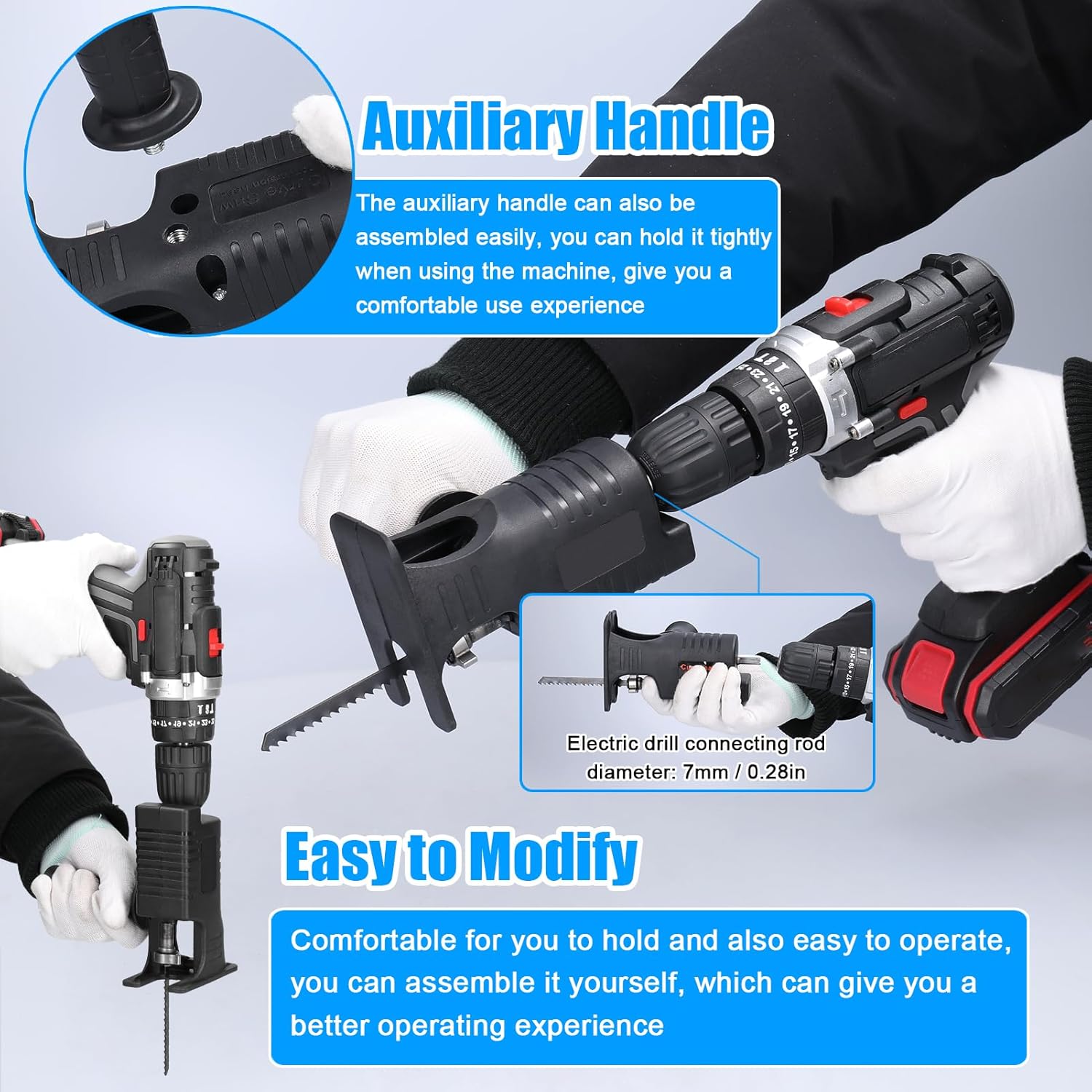 A person attaching the Weytoll conversion kit to an electric drill, highlighting the auxiliary handle and the 7mm connecting rod diameter.