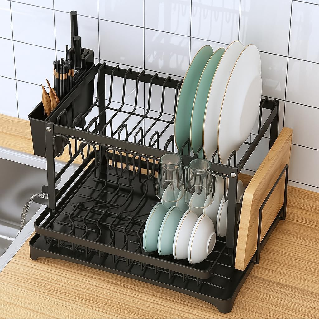Escorredor de Louça em Aço Carbono Preto com Bandeja de Drenagem, Suporte para Copos, Talheres e Tábuas – Compacto, Resistente, Antiferrugem – Organizador de Pia Cozinha Moderna