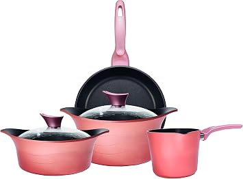 Luxury - Cast Aluminum, Complete "Cookware Set" - < Premium Design > - Nonstick, All Stovetops Ametist Induction 8 Pcs - Rose Gold