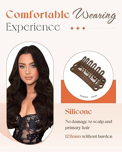 Miniatura 3 de Sunny Hair - Extensiones de clip de cabello humano largo en capa doble, color castaño oscuro #2 - 24pulgadas, 7unidades, 4.23onzas