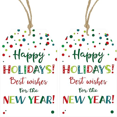 Anwyll Etiquetas de regalo de vacaciones con cuerda, etiquetas de regalo de felices fiestas, 50 etiquetas de regalo de Navidad, los mejores deseos