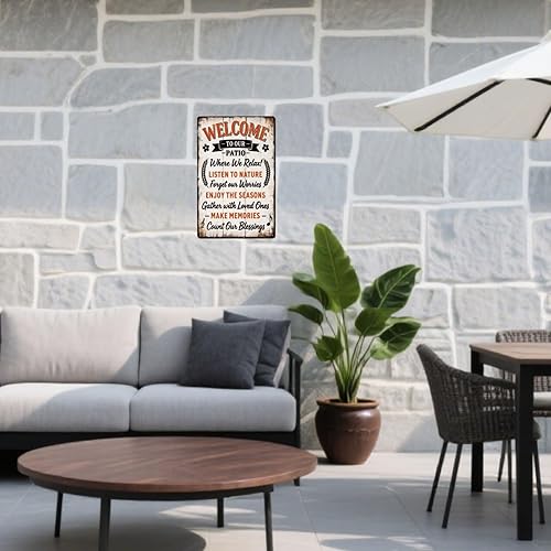Miniatura 7 de GLOBLELAND Letrero de metal con texto en inglés "Welcome to Our Patio" de 12 x 8 pulgadas, letrero de metal retro para pared, decoración de oficina,