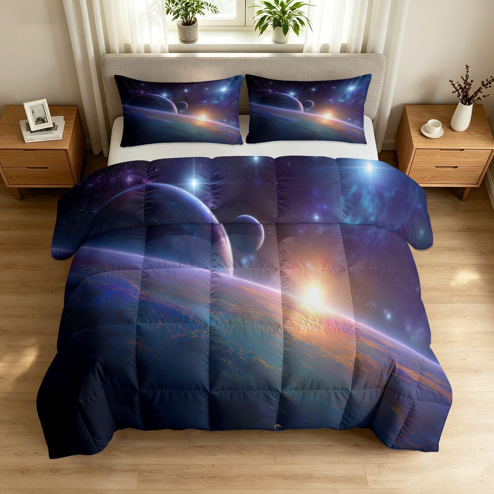 Couette 240 x 220 cm espace violet avec 2 taies d'oreiller pour lit 2 personnes