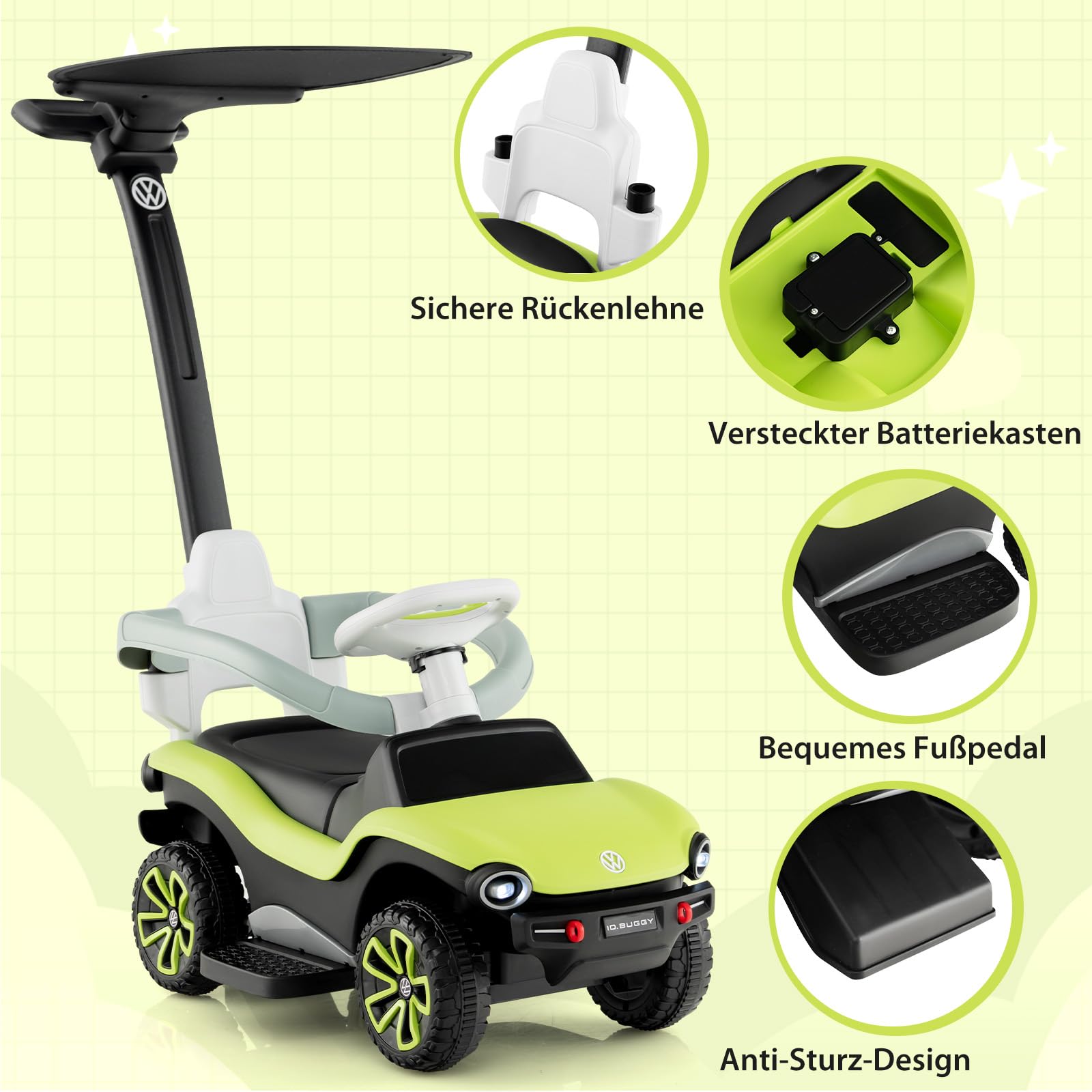 COSTWAY 3 in 1 Volkswagen Rutschauto, Schiebeauto mit verstellbarem Schiebegriff & Sonnendach, Rutschfahrzeug mit Musik & Hupe & Licht, Spielzeugauto für Kinder ab 1 Jahr