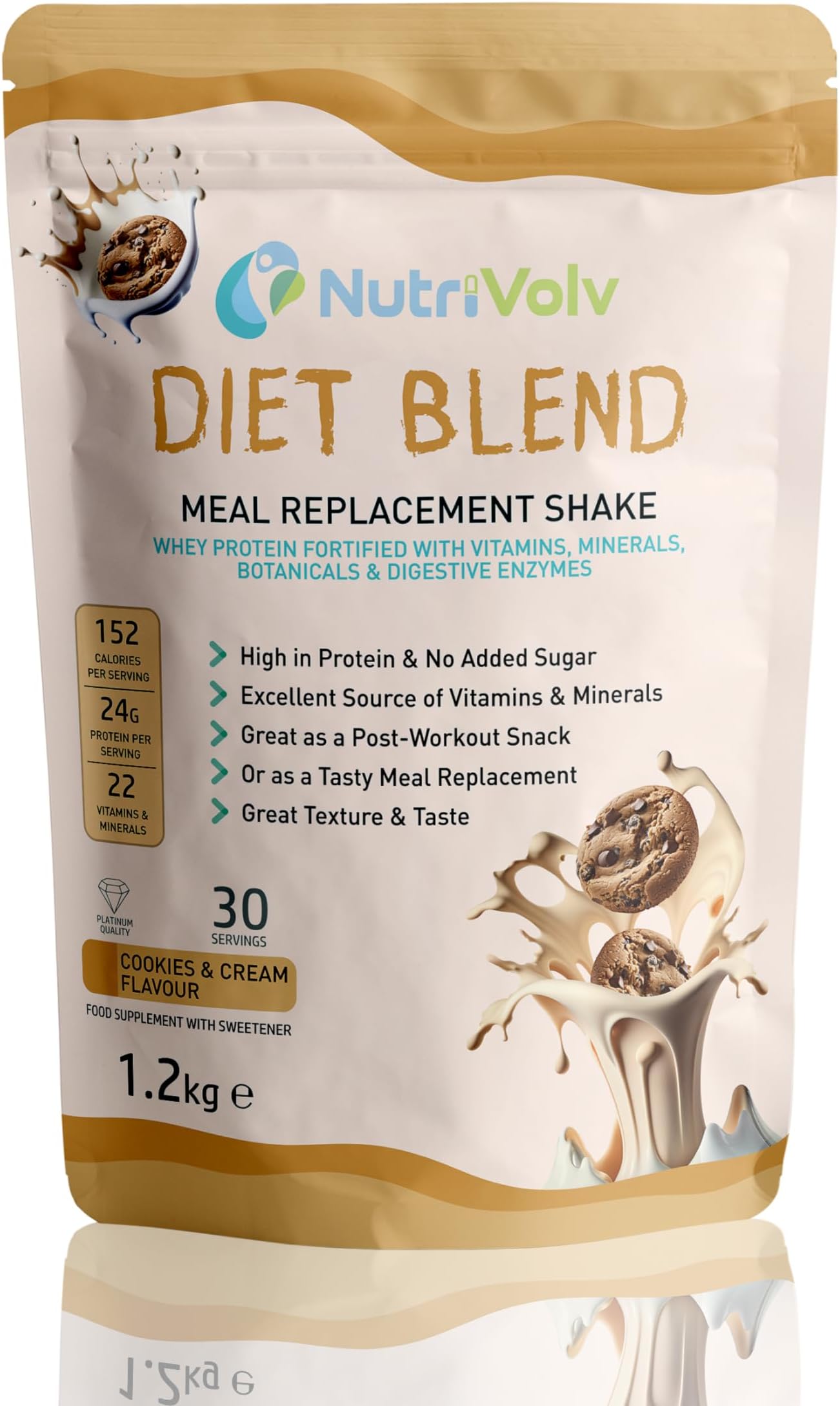 NutriVolv Diet Blend Meal Replacement Shake | 30 Servings | High Protein, Build Lean Muscle | Weight Loss | Added Vitamins, Minerals, Botanicals & Digestive Enzymes | Cookies & Cream Flavour 1.2kg