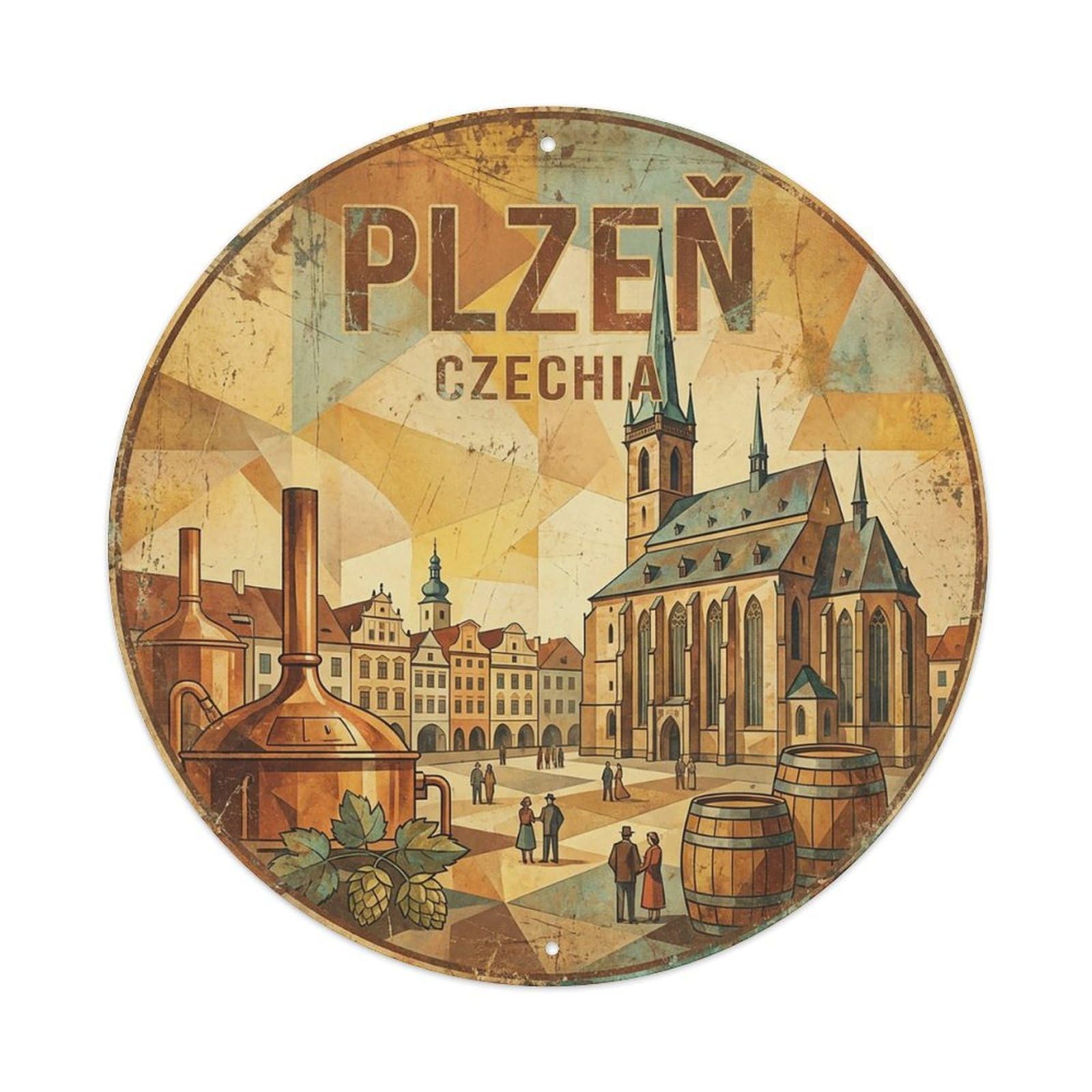 Retro Travel Czechia Plzen Vintage Metal Tin Sign Plaque Wall Decor for Cafe, Club Bar, Office, Garden Metal Poster 8x8Inch