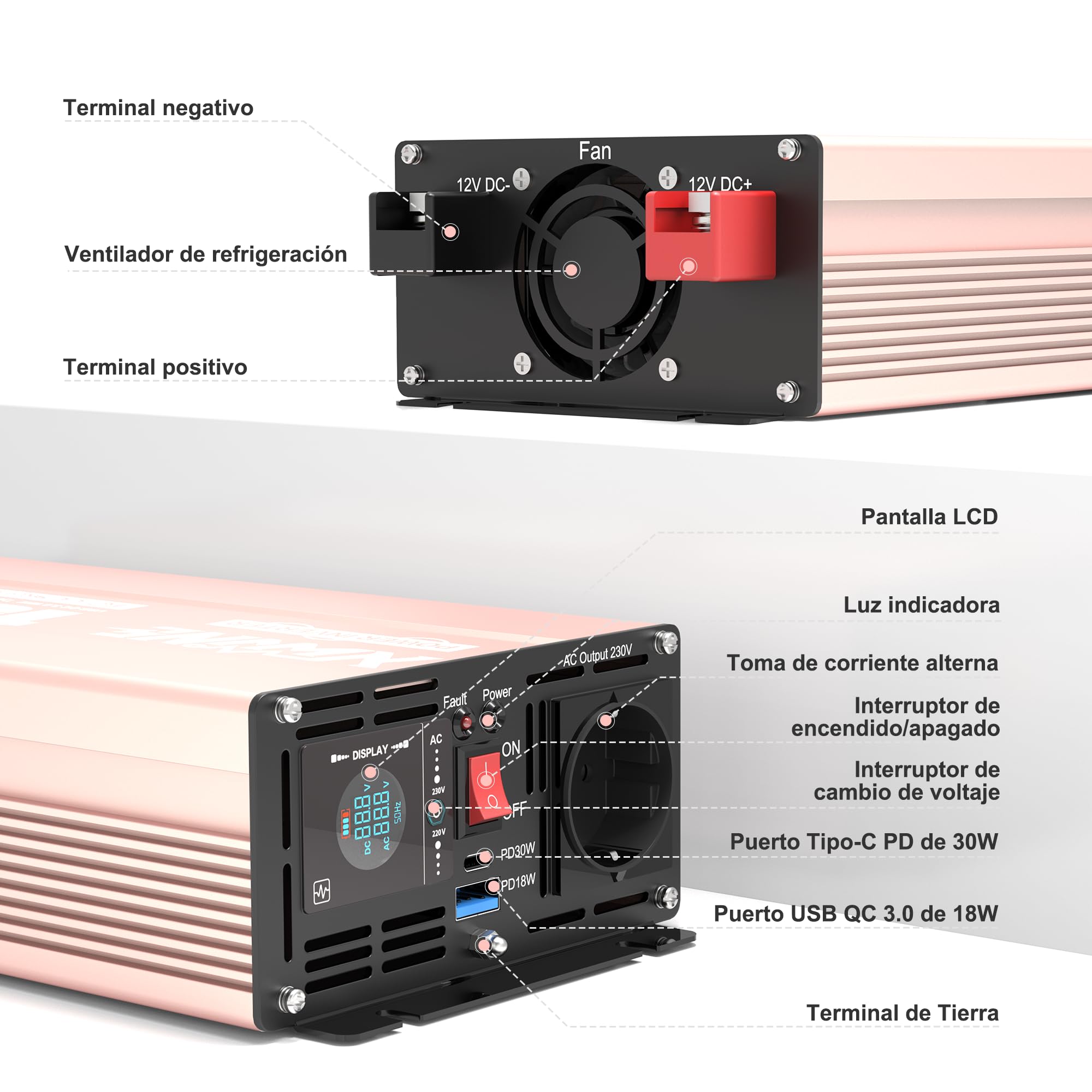 XWJNE Convertisseur de Tension Pur Sinus 1500W 12V à 220V, Onduleur pour Camping-Car, Camion, Bateau, Convertisseur de Tension avec Prise Secteur, Sorties USB-A et USB-C, Écran LCD, Télécommande