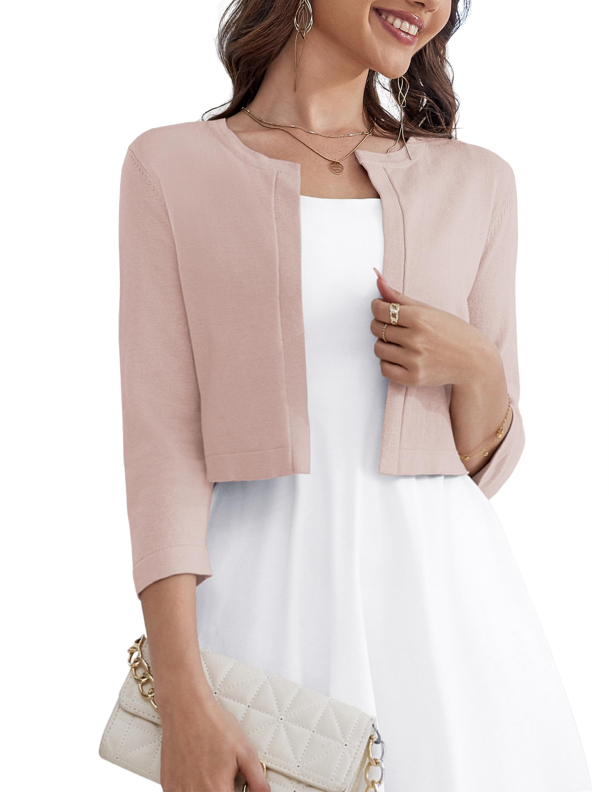 OmicGot Women's 3/4 Sleeve Open Front Knit Cropped Bolero Shrug Cardigan Sweater for Women S-XL