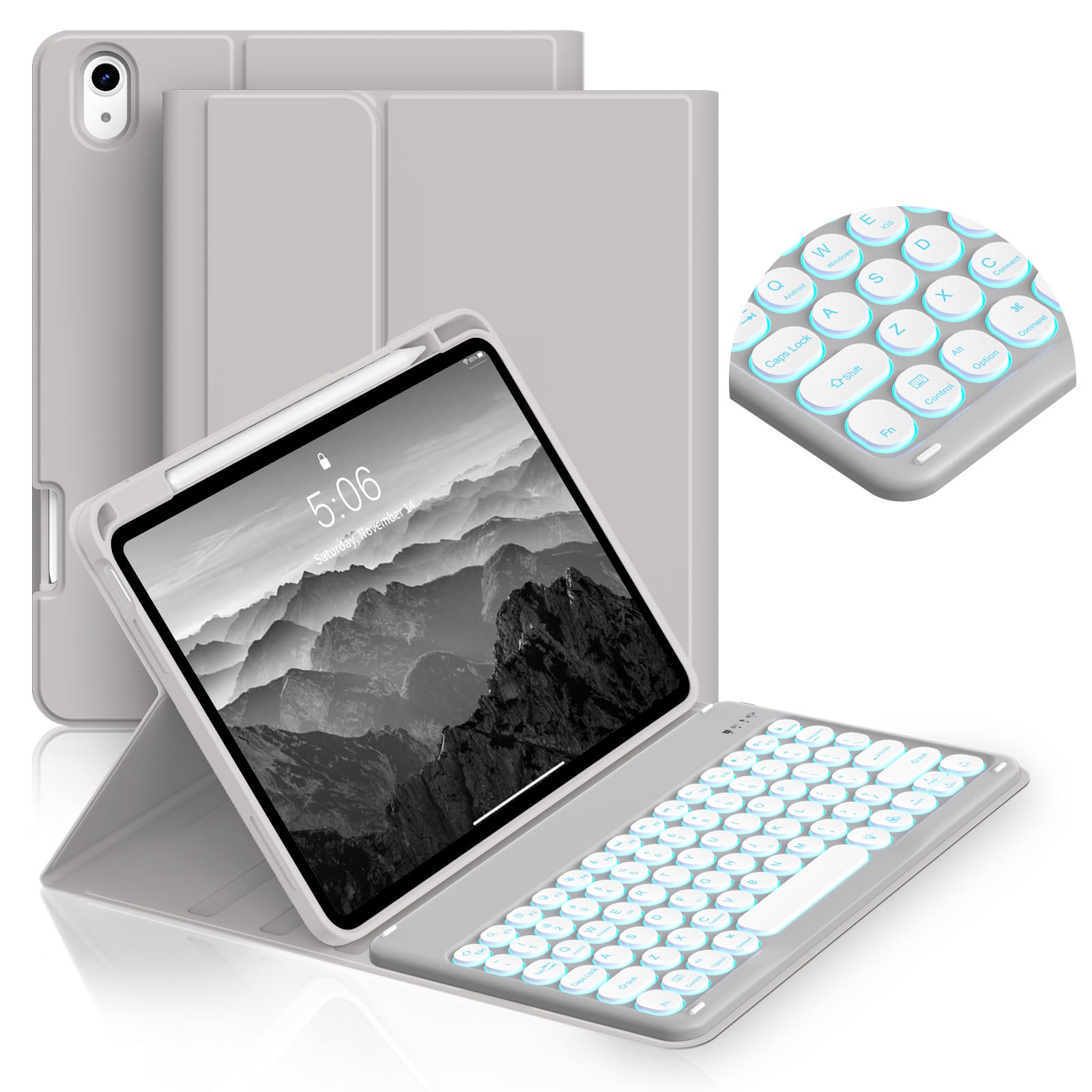 JKSML for iPad Air 11" M4/M3/M2 & 10.9" Air 4th/5th Gen case with Keyboard, Round Key, 7 Color Backlit, Detachable Wireless Keyboard, Stand Folio Cover with Side Pen Holder (Gray)