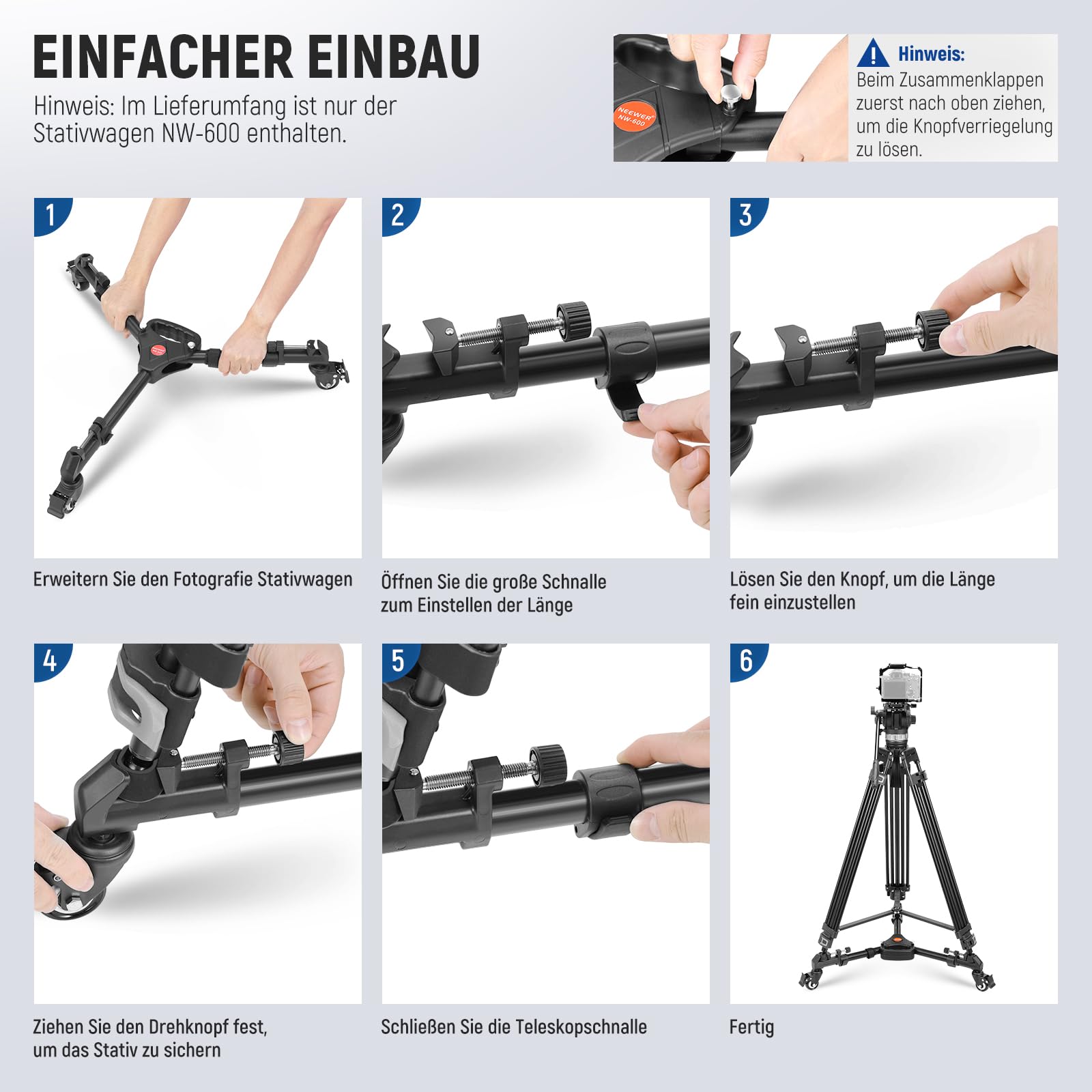 Neewer Fotografie Professionell Schwerlast-Stativ Dolly mit Gummi-Räder und verstellbaren Beinbefestigungen für Canon Nikon Sony DSLR-Kameras Camcorder Foto Videobeleuchtung – Bild 8