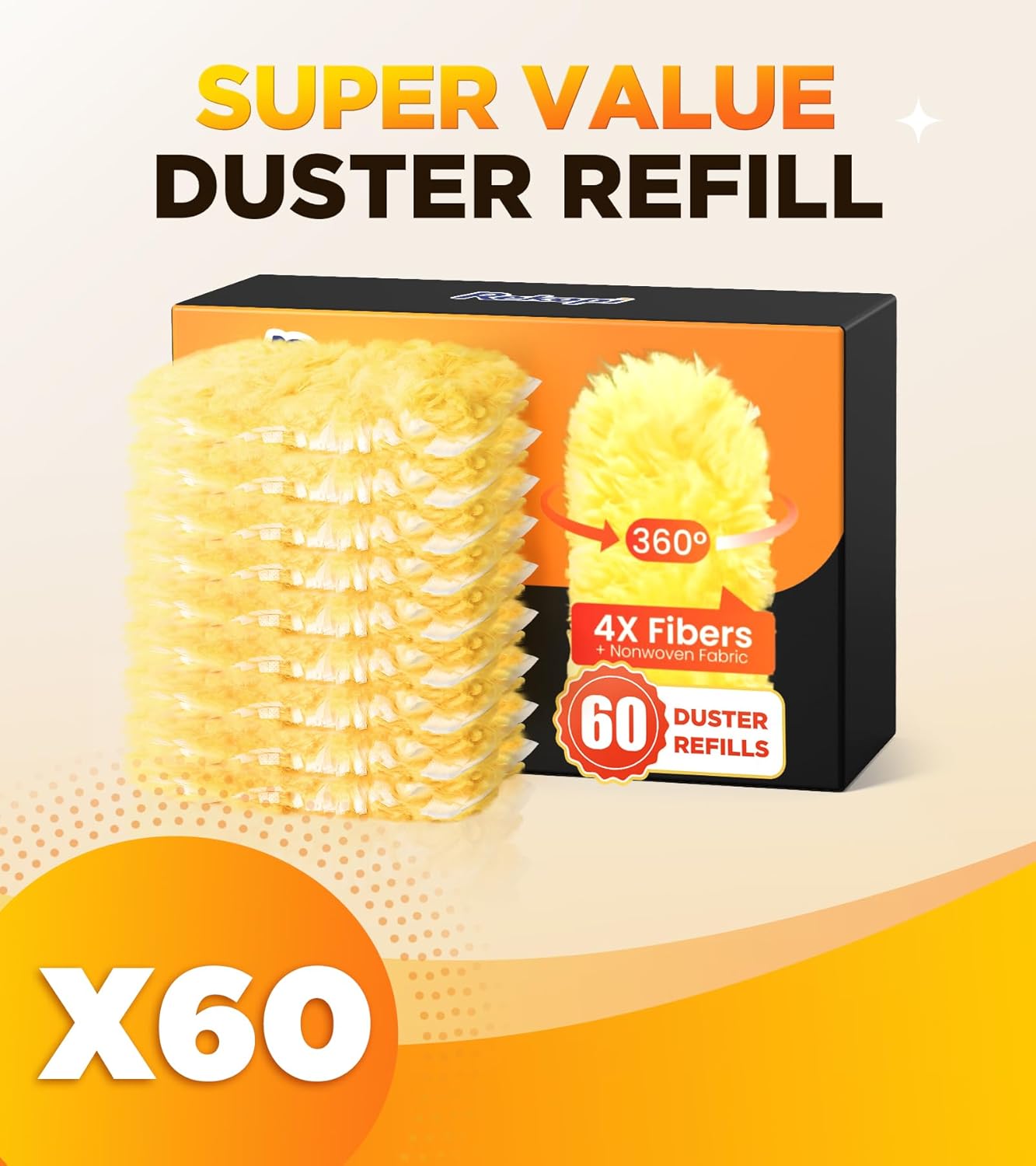 60 Count Heavy Duty Duster Refills for Swiffer, Multisurface 360° Duster Refills Only, Unscented Disposable Dusters for Cleaning with 4X Microfibers, Compatible with Swiffer Dusters (Orange)