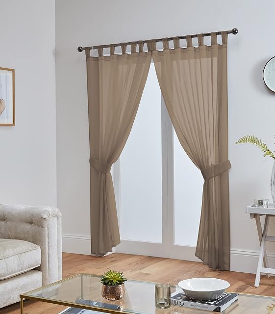 John Aird Pair Of Woven Voile Tab Top Curtain Panels. Free Tiebacks Included (Mocha, 58" Wide x 36" Drop)