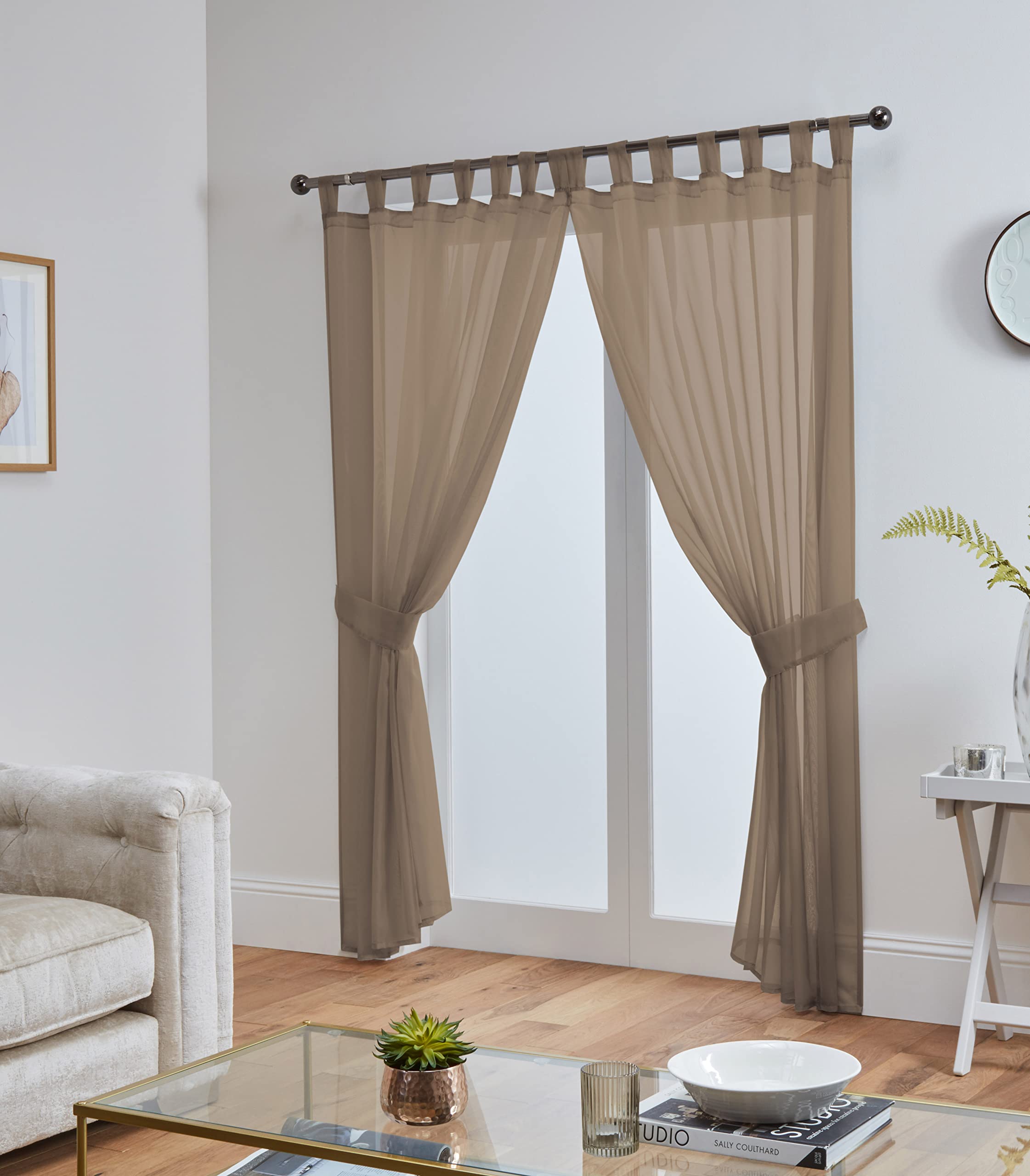 John Aird Pair Of Woven Voile Tab Top Curtain Panels. Tiebacks Included (Mocha, 58" Wide x 90" Drop) — image 1