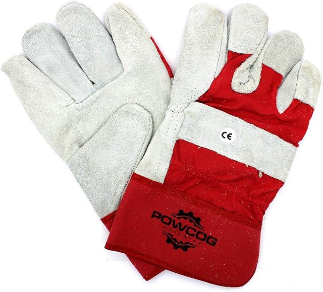 POWCOG Leather Rigger Safety Work Gloves | Heavy Duty | Red/Grey