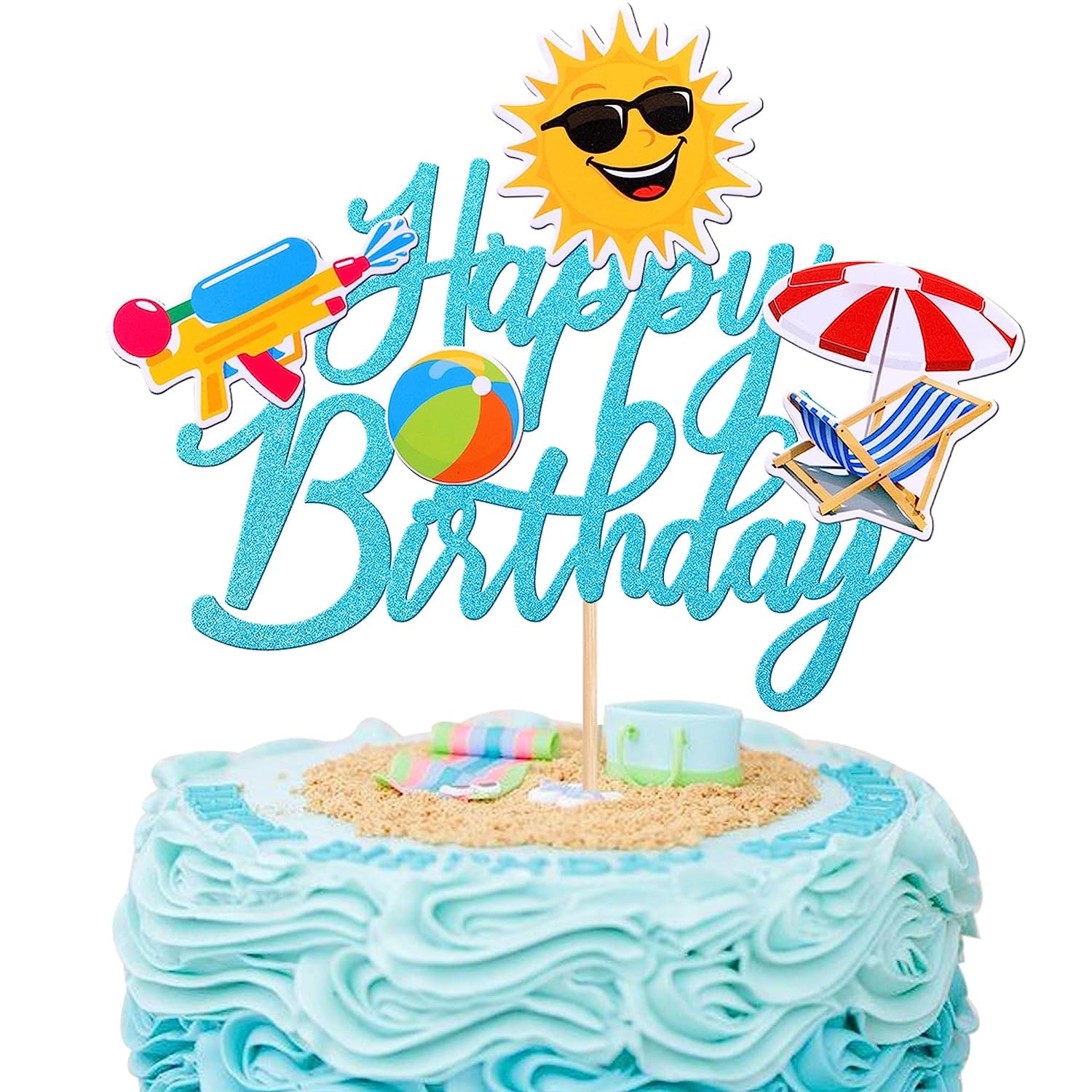 1 Stück Sommer Strand Happy Birthday Tortendeko Glitzer Ball Sonne Regenschirm Wasserpistole Sommer Pool Kuchen Deko für Sommer Hawaii Urlaub Baby Dusche Geburtstag Party Kuchen Dekorationen