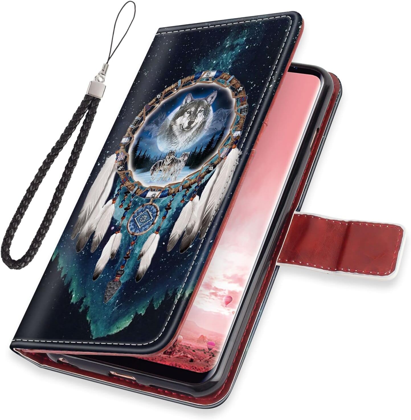 Wallet Case for Samsung Galaxy A13, PU Leather with Cash Card and Wrist Strap Wolf Dream Catcher Blue