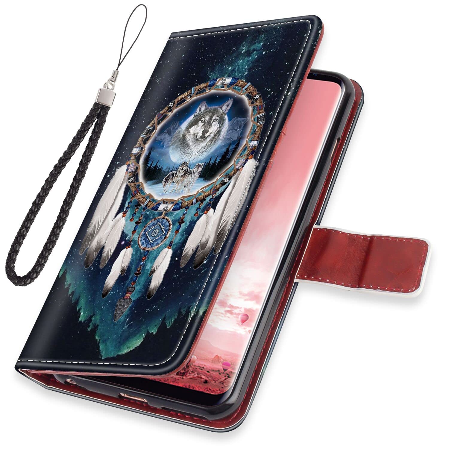 Wallet Case for Samsung Galaxy A13, PU Leather with Cash Card and Wrist Strap Wolf Dream Catcher Blue