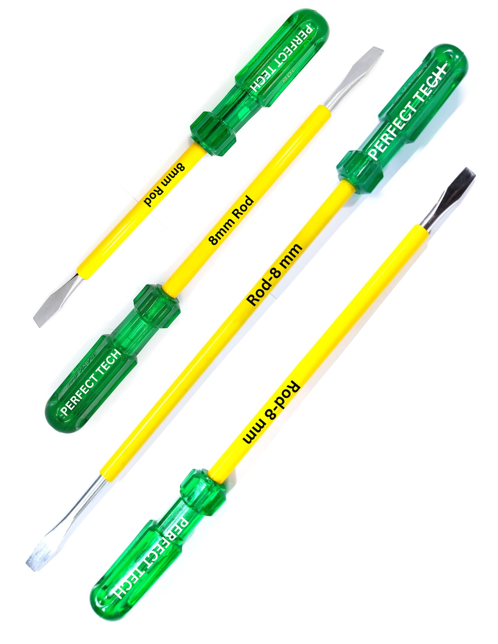 PERFECT TECH Pack of 4 Pcs Flat Head 8 mm Screwdriver | Steel 2 in 1 Screw Driver | Wlectrical Works | Hand Tools | Screwdriver Set Tools Kit | Green & Yellow (Rod Length - 6,8,10 &12 Inch)