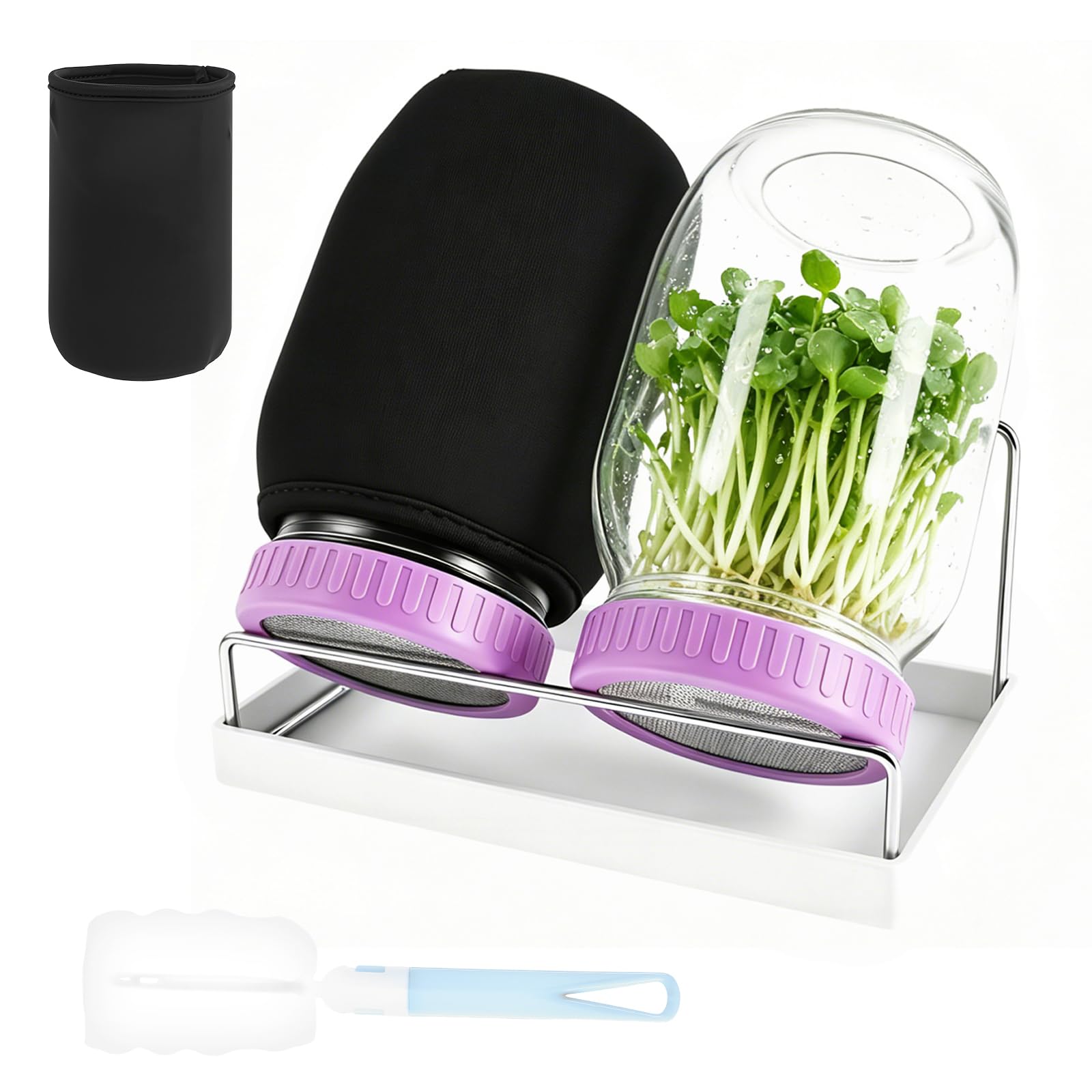2 Pack Seed Sprouting Jar Kit 940ml Wide Mouth Mason Jars Complete Glass Sprout Growing Set with Stainless Steel Mesh Sprouting Lids Drain Stand Sprouting Jar for Broccoli Mung Bean Alfalfa Sprout