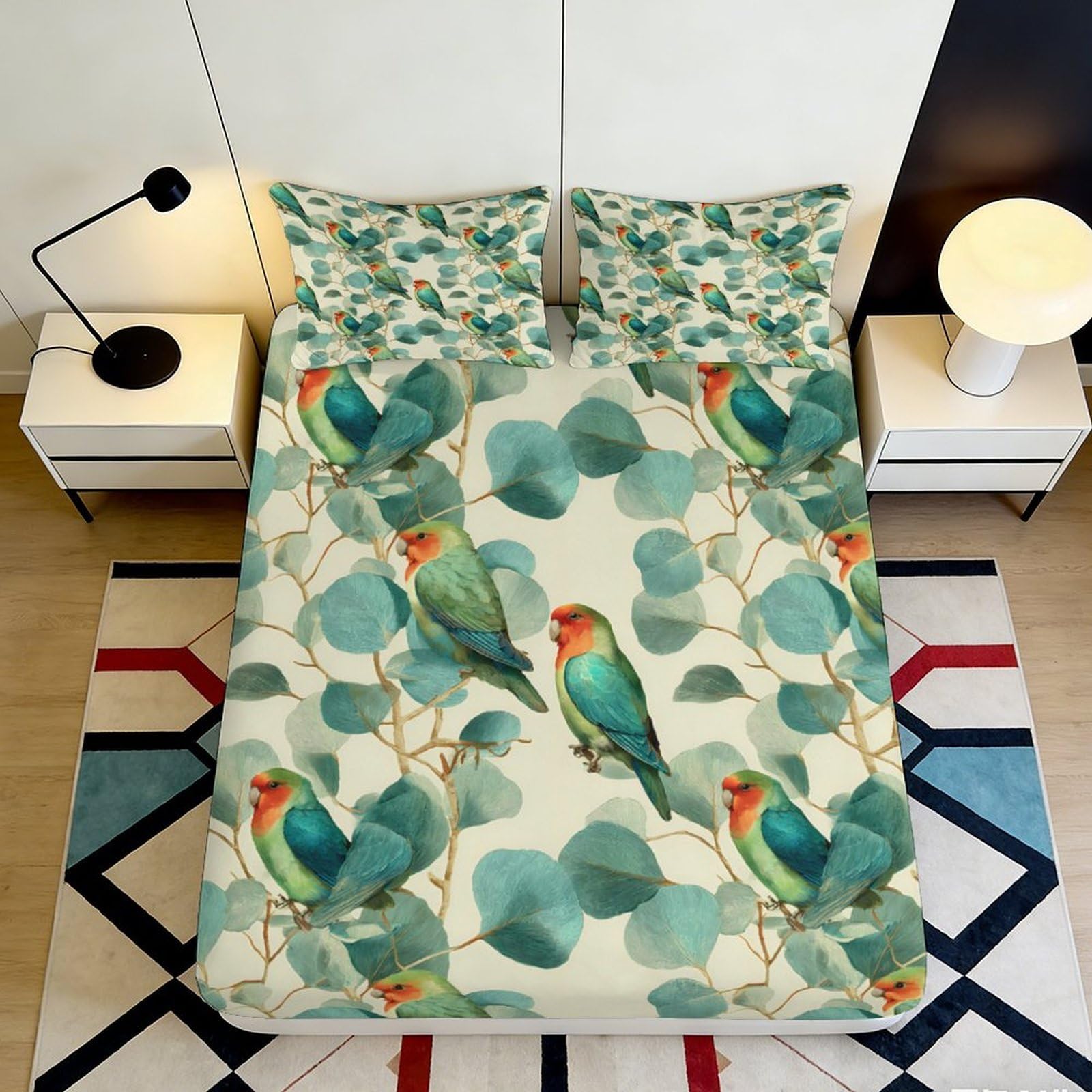 3D Printed Tropical Parrot Fitted Sheet Microfiber Soft Durable Bird Pattern Bed Cover for Bedroom Dormitory Guest Room Mattress Protection 140x200x25cm