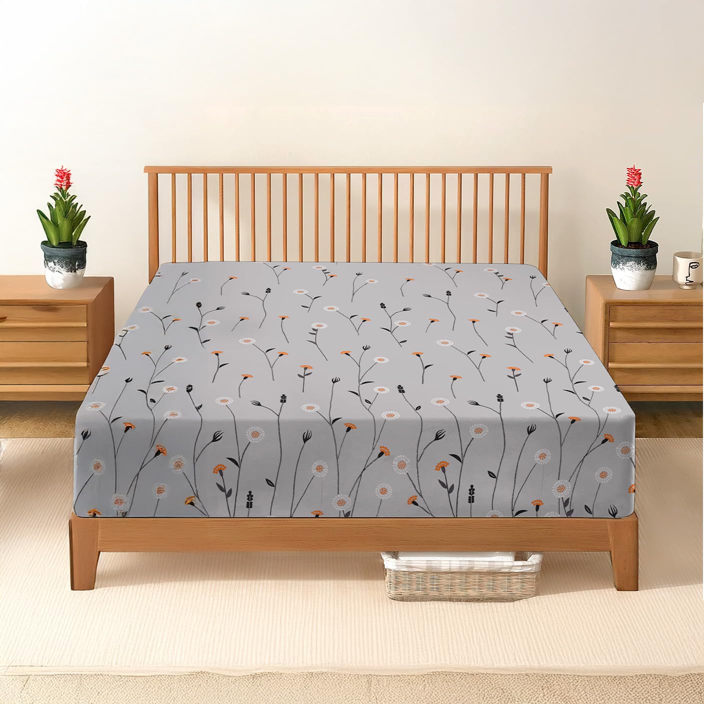 DANYDude 100% Egyptian Cotton Floral Printed Single Fitted Sheet 400 Thread Count Fitted Sheets Single Soft & Machine Washable 30cm/12” Extra Deep Fitted Bed Sheets Room Decor