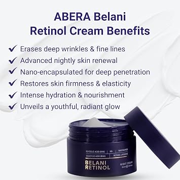 ABERA Belani Retinol Face Cream - Advanced Anti-Aging Night Moisturizer with Nano-Encapsulated Retinol & Hyaluronic Acid - Helps Minimize Wrinkles, Fine Lines & Firm Sagging Skin (1.01 Fl Oz)