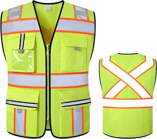 Chalecos de alta visibilidad clase 2 con cremallera frontal y 7 bolsillos, cumple con las normas ANSIISEA