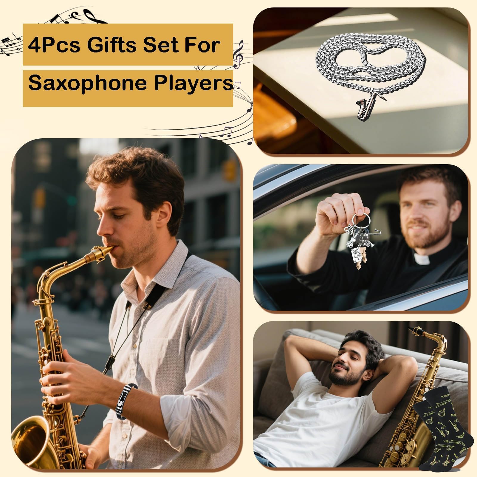 Saxophone Gifts for Men, 4pcs Gift Set for Saxophone Lovers, Music Present Gifts Set With Funny Novelty Socks