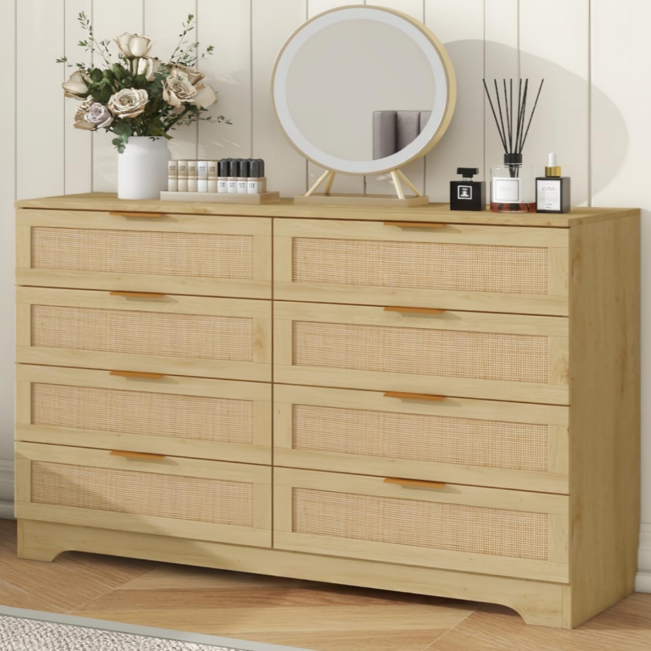 YMBSBUY 8 Drawer Dresser for Bedroom, Rattan Dresser for Closet Chest of Drawers, Boho Dressers Modern Natural Wood TV Stand, Large Clothes Storage