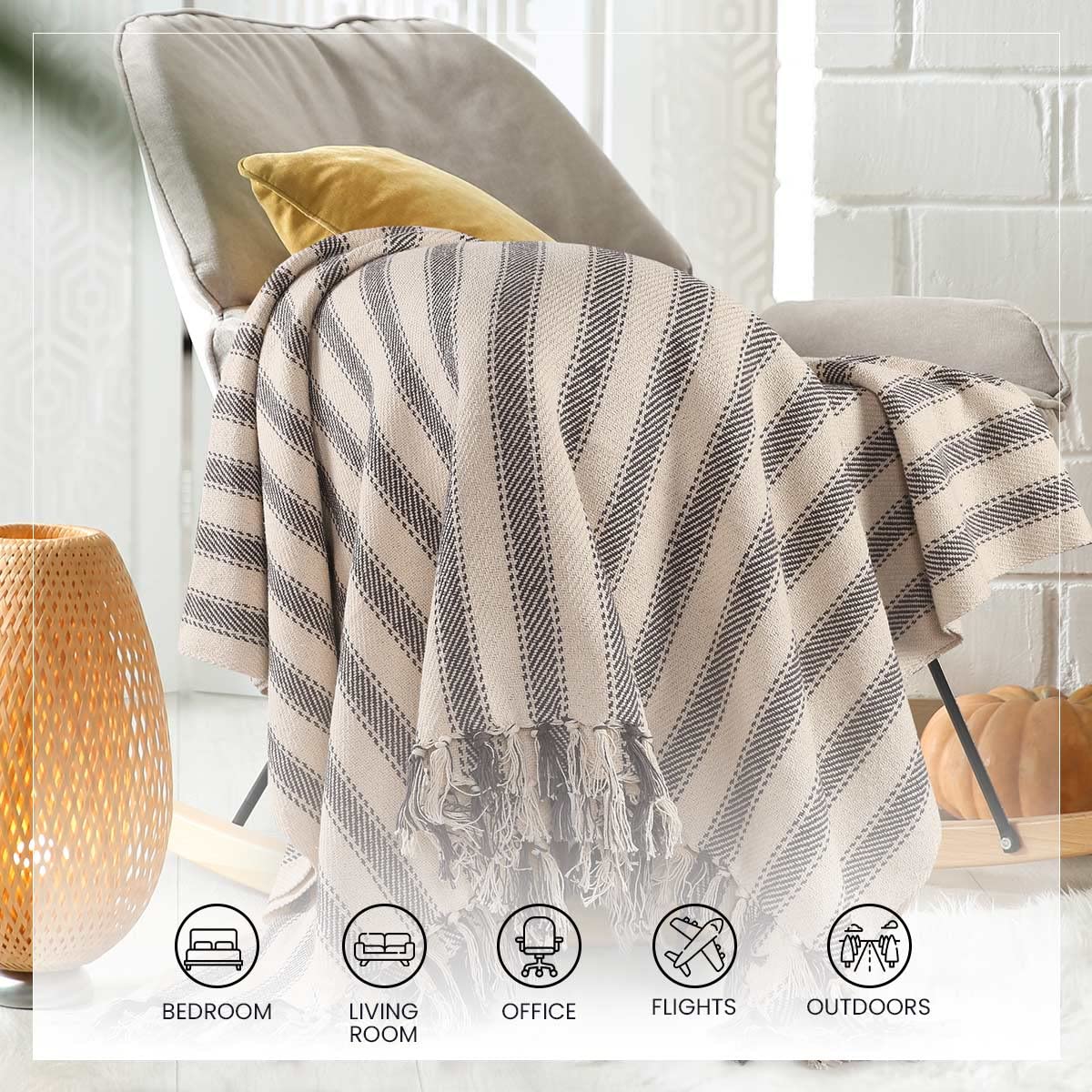 SASHAA WORLD Striped Throw Medium with Tasselled Edges |Throw for Living Room, Bedroom, Sofa & Chair |Charcoal Throw Blanket | 180 x130 cm 4