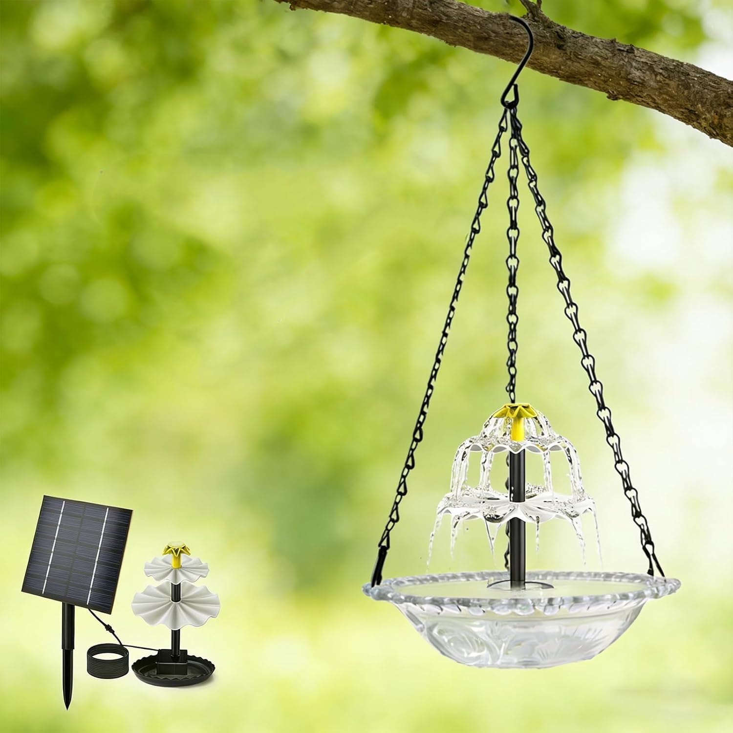 Hanging Solar Bird Bath Fountain, Solar Powered Cascading Outdoor Water Fountain, Hanging Bird Bath with Water for Outdoor Garden Patio Backyard Lawn Ornament (Gray)