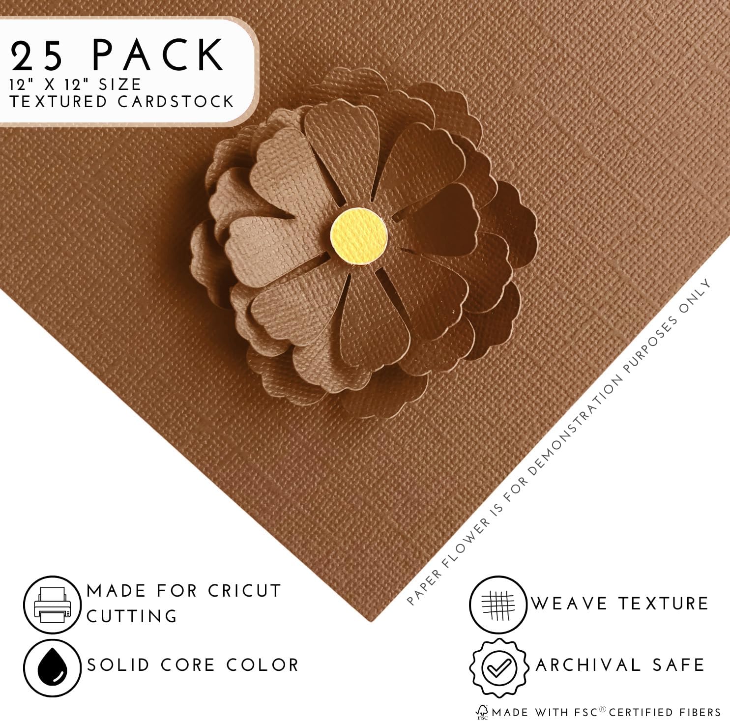 Mocha—12x12 Textured Cardstock | 80lb Textured Brown Scrapbook Paper | Premium Cardstock for Cricut Cutting | 25 Sheets