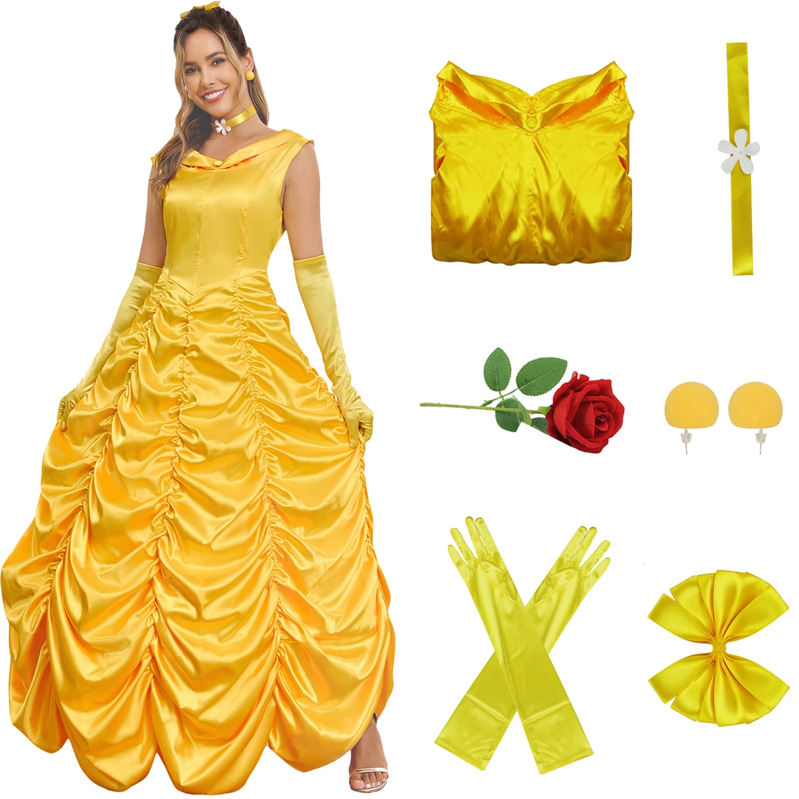 AYYOHON Princess Belle Costume Women Beauty Fairytale Long Dress Gown Off Shoulder Yellow Party Dress Red Rose Earrings Set XS