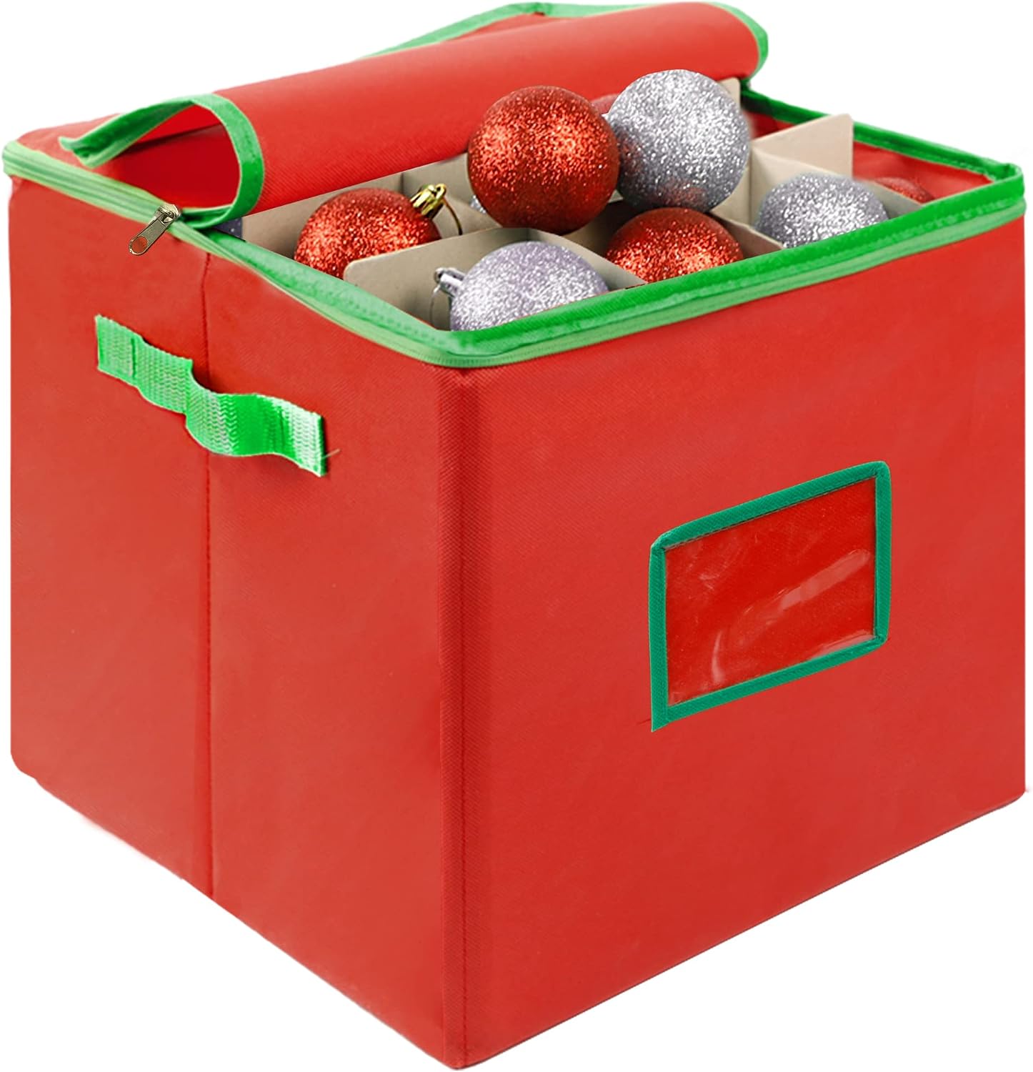 Lulu Home Christmas Ornament Storage Container, 600D Oxford Fabric Christmas Balls Storage Boxes, 4 Layers Ornament Storage Boxes Stores Up to 64 Ornaments with Zippered Closure and Two Handles, Red