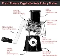 Vista 6 de Rallador de queso rotativo, manivela de mano con base de succión, fácil limpieza con 3 cuchillas de tambor intercambiables de acero inoxidable