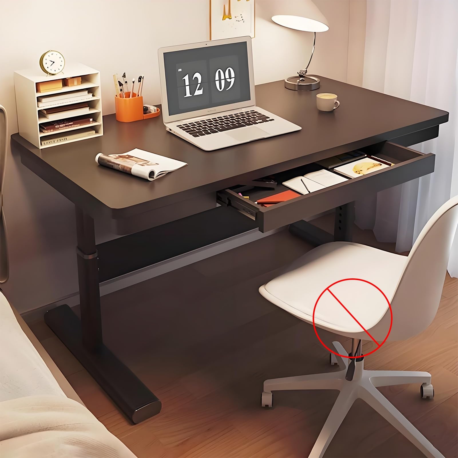MYUYEE Standing Desk Adjustable Height, Sit Stand Up Desk With Hidden Drawer, Manual Office Desk, Computer Desk With Adjustable Foot Pads, Sturdy Steel Frame (Black-140X60Cm)