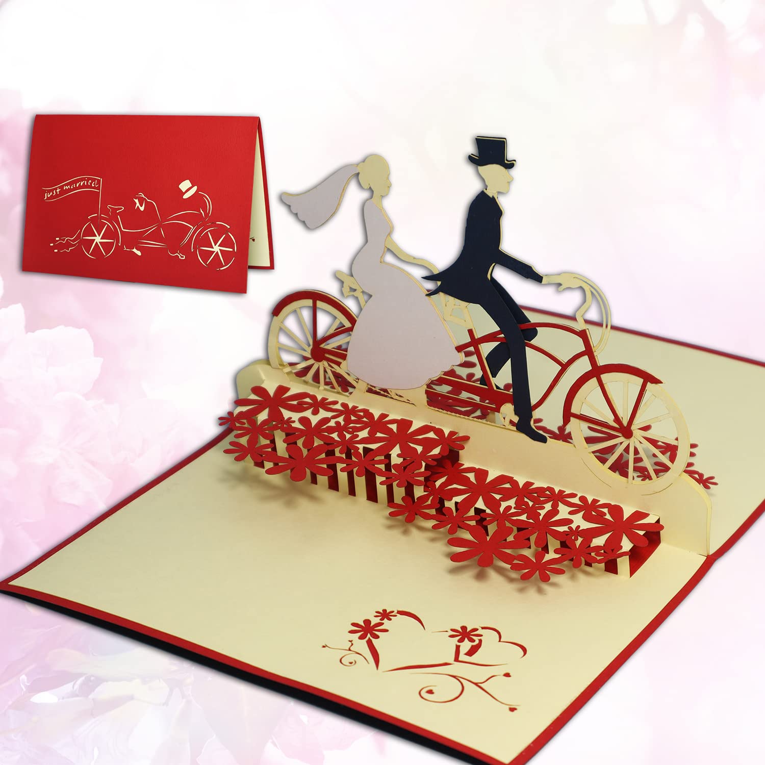 LIN - Pop Up 3D Greeting Card for a wedding, Bridal Couple on tandem, handmade, (#88)