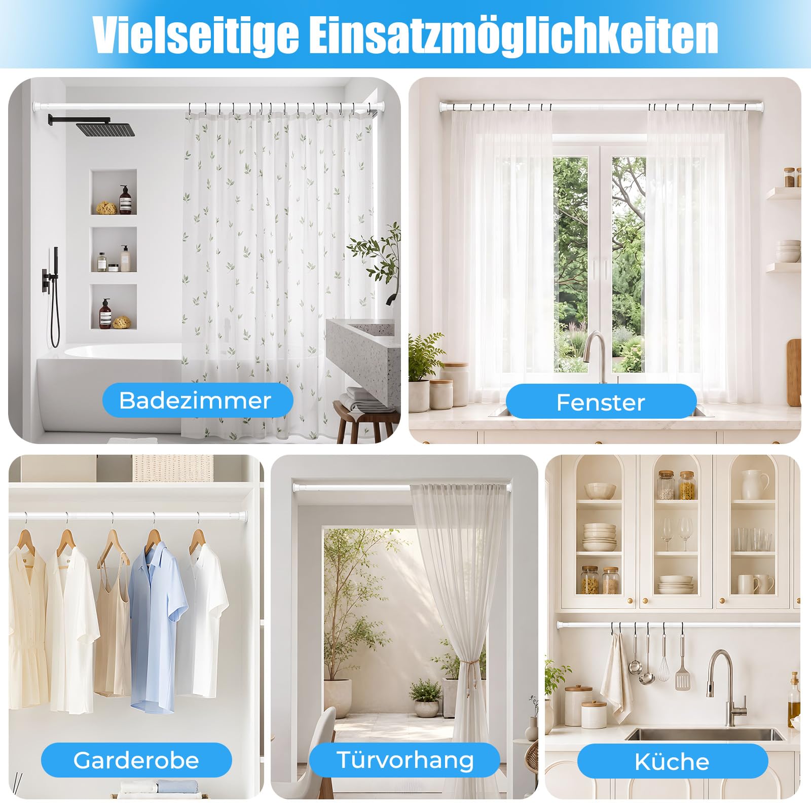 2 Stück Gardinenstange ohne Bohren 78‑196 cm, weiße Teleskopstange