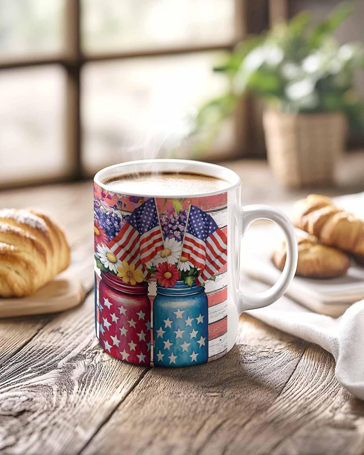 BEMIGO Ceramic Coffee Mug Independence Day Wood Ceramic Mug White Cup, Farmhouse Floral Vase Insulated Coffee Cup with Handle with Pattern Perfect for Tea and Hot Beverages, 12oz