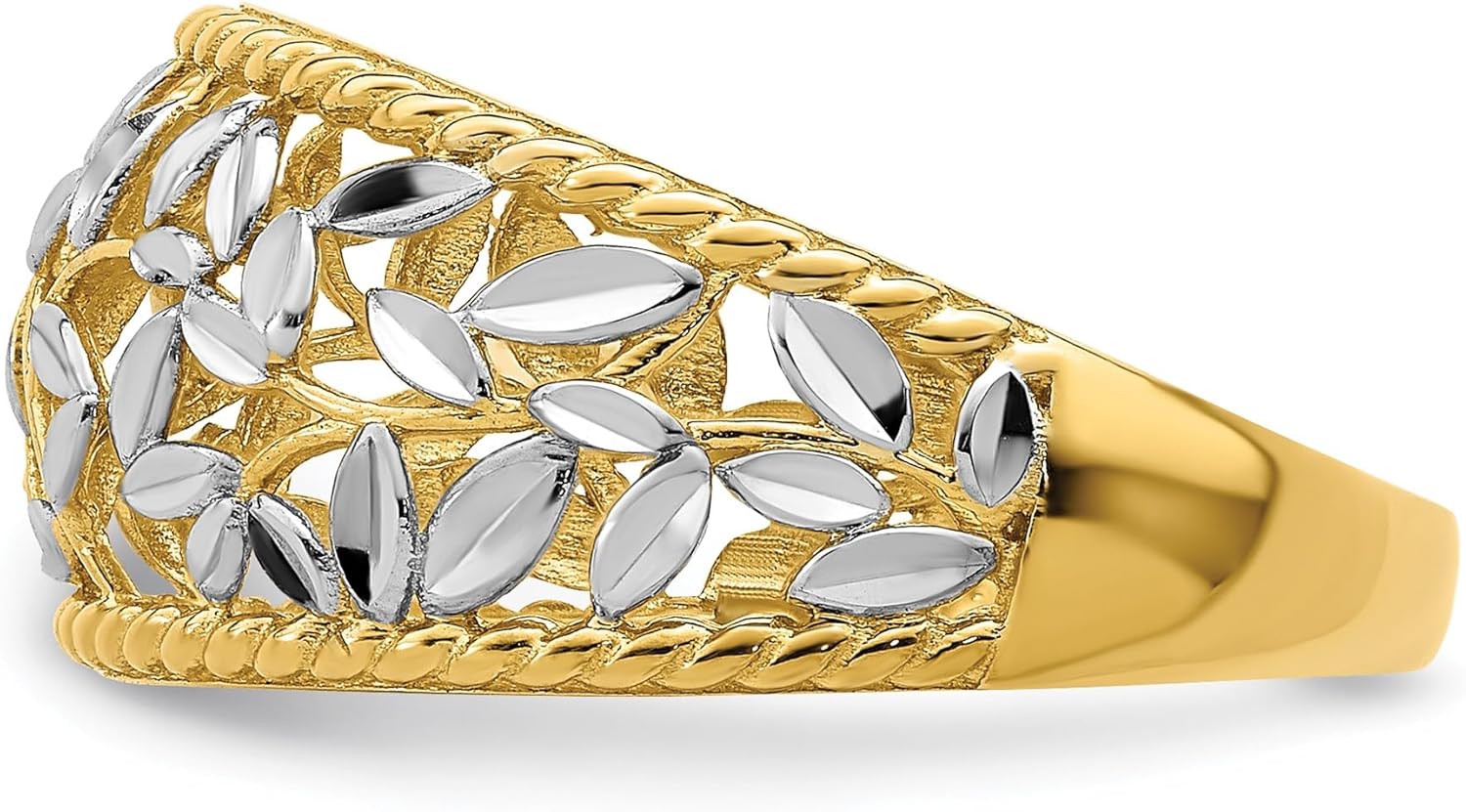 Diamond2Deal 14k Yellow Gold and Rhodium Diamond-cut Filigree Leaf Ring Size-7 - Image 4